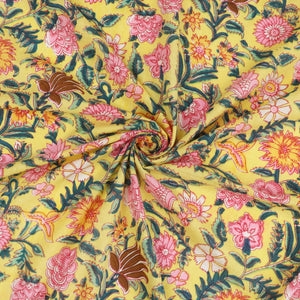 Indian Hand Block Print Cotton Fabric - Garden - Yellow