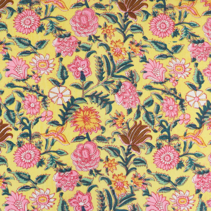 Indian Hand Block Print Cotton Fabric - Garden - Yellow