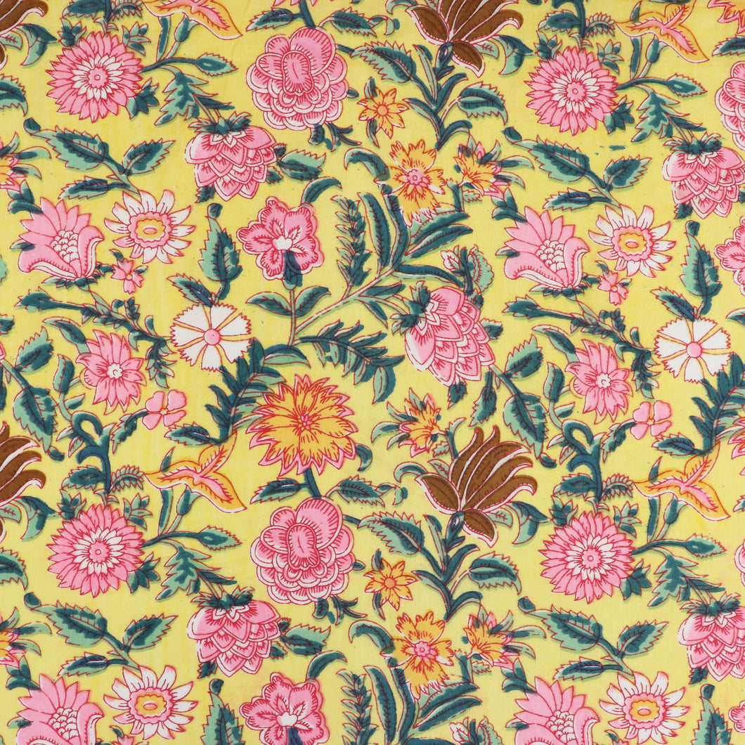 Indian Hand Block Print Cotton Fabric - Garden - Yellow