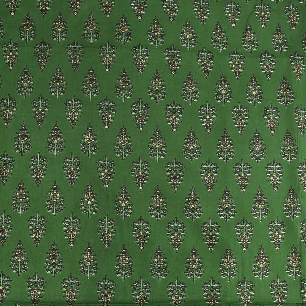Indian Hand Block Print Cotton Fabric - Green Floral Motif