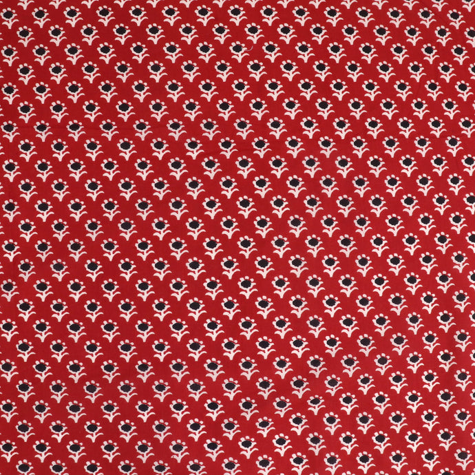 Indian Hand Block Print Cotton Fabric - Red Polka Dot Flower