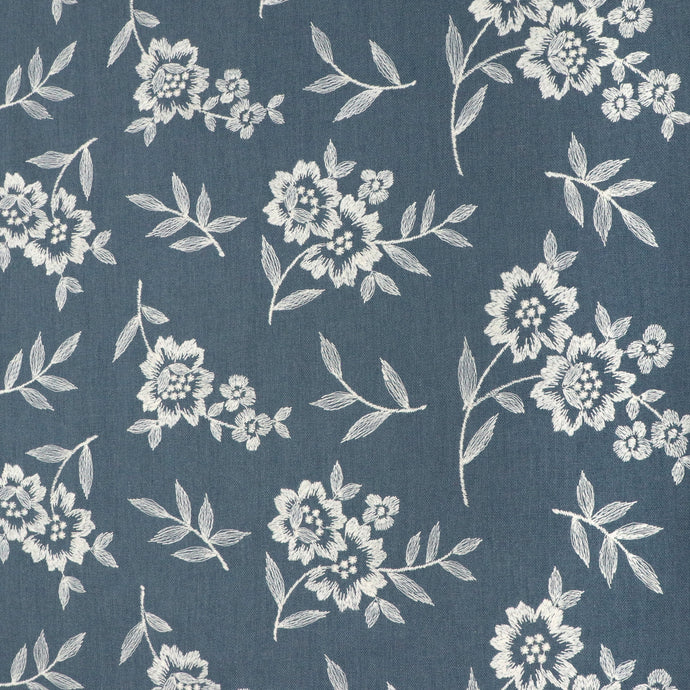 Linen Blend - Embroidered Flowers - Blue
