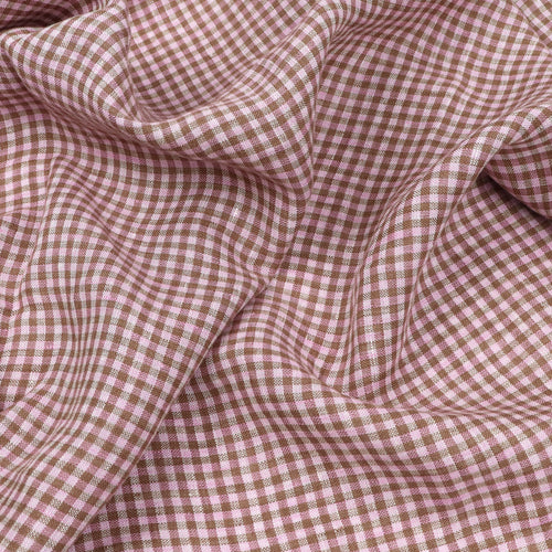 Tumbled Linen Flax - Pink + Brown Gingham Check