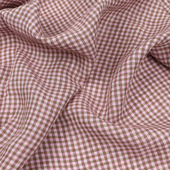 Tumbled Linen Flax - Pink + Brown Gingham Check