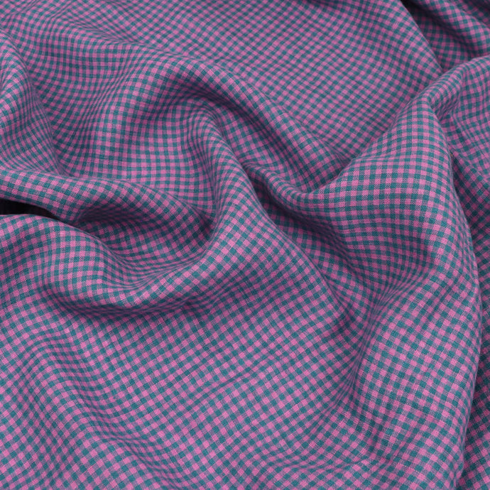 Tumbled Linen Flax - Pink + Teal Gingham Check