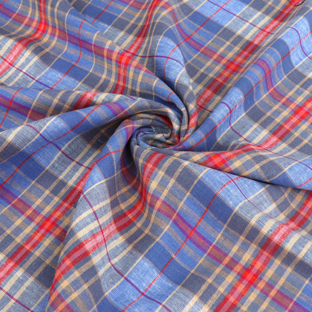 Linen Viscose - Yarn Dyed Check - Blue + Red - SALE