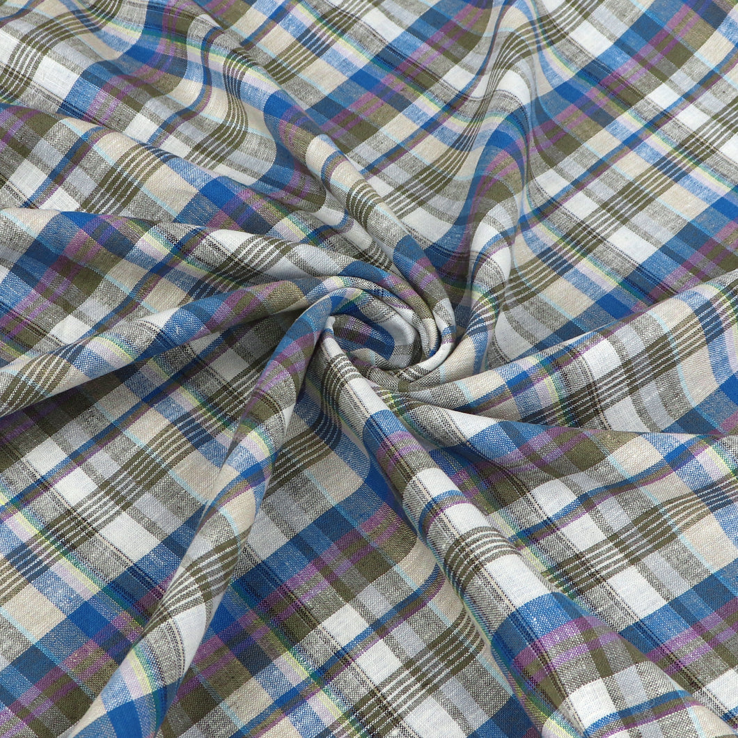 Linen Viscose - Yarn Dyed Check - Khaki, Blue + Purple - SALE