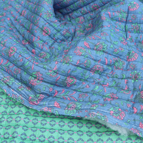 Quilted Double Sided Fabric - Summer Flowers - Blue + Green