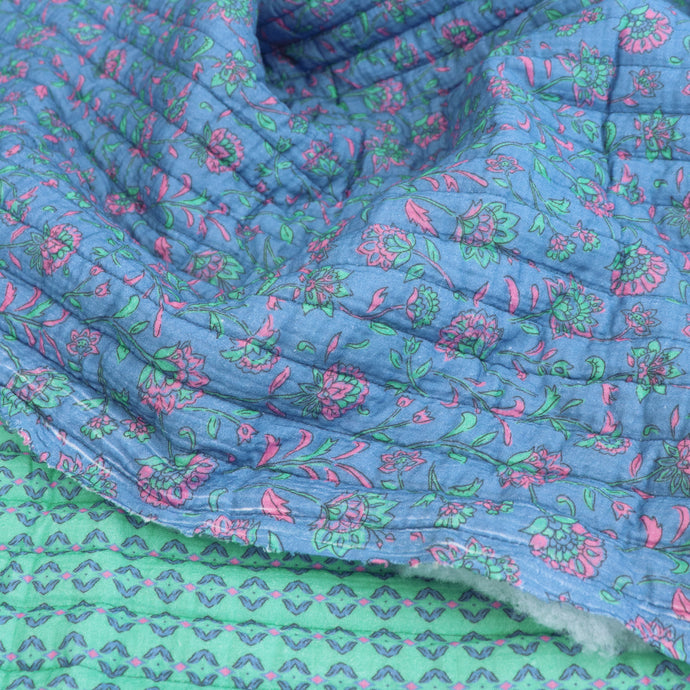 Quilted Double Sided Fabric - Summer Flowers - Blue + Green