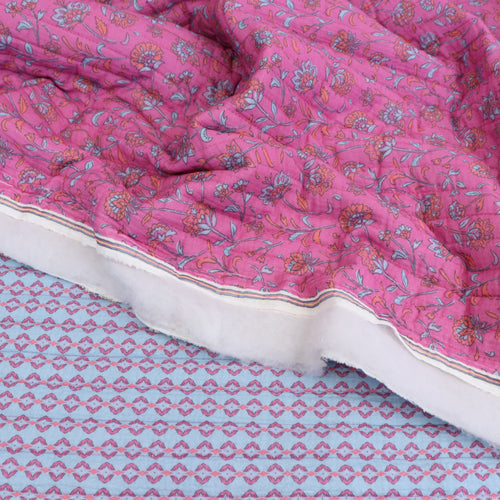 Quilted Double Sided Fabric - Summer Flowers - Pink + Blue