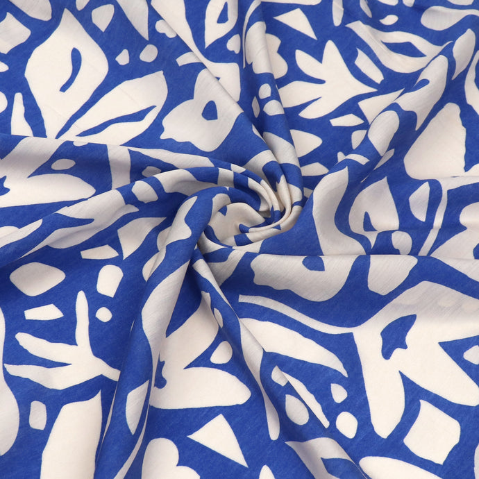 Sandwashed Viscose Lawn - Geometric Leaves - Royal Blue