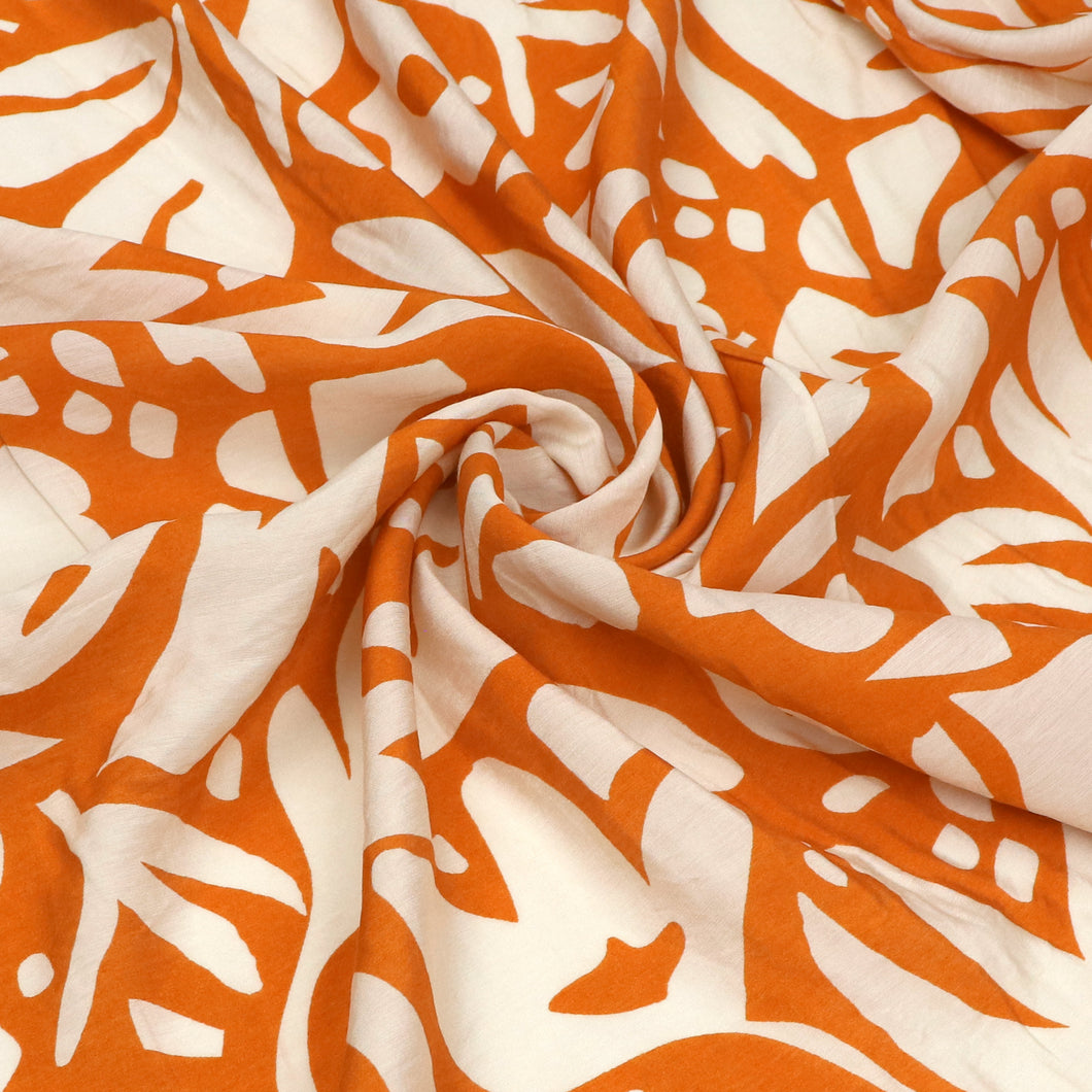 Sandwashed Viscose Lawn - Geometric Leaves - Tangerine Orange