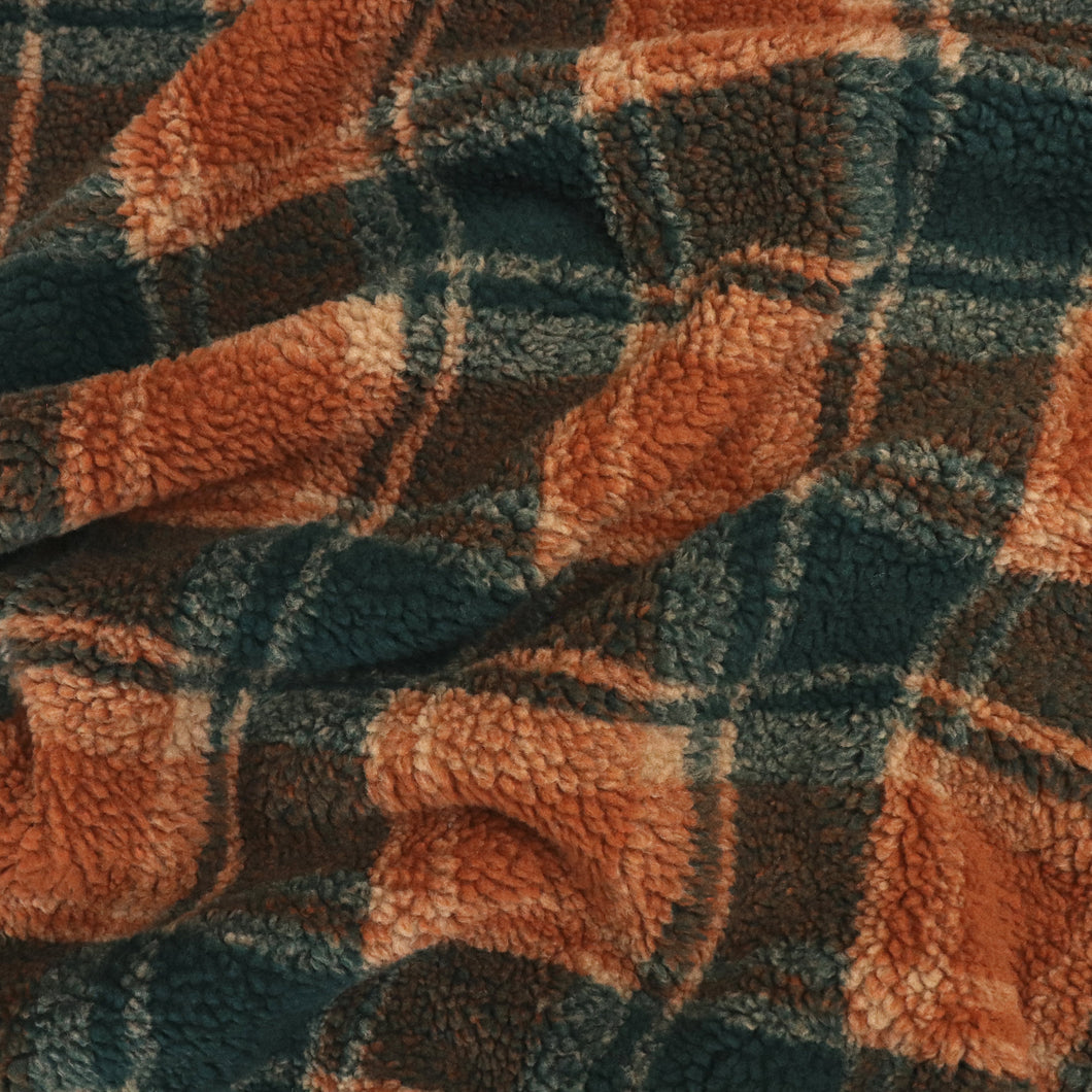 Teddy Fleece Coating  - Teal + Chestnut Check