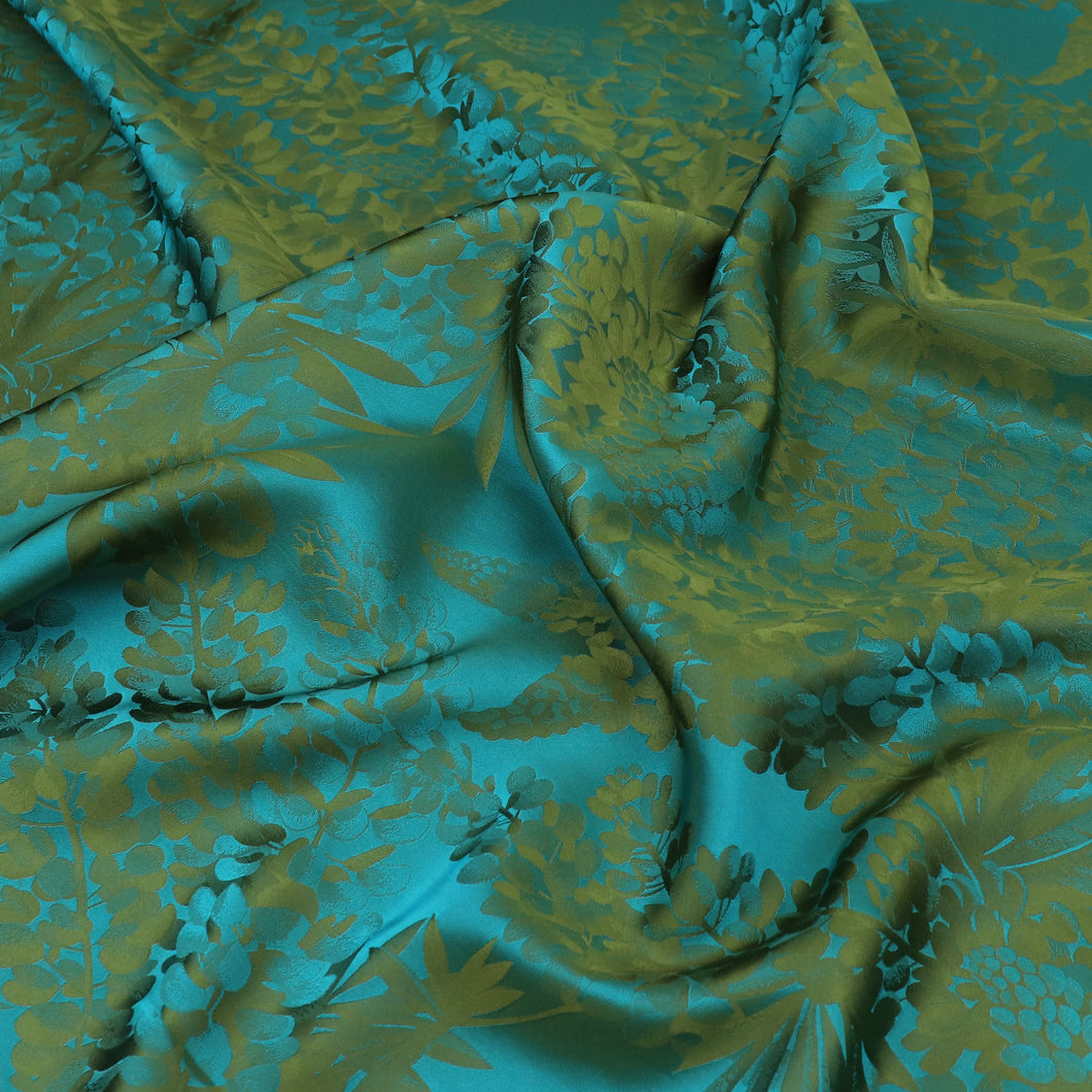 Viscose Blend Satin Jacquard - Botanicals - Turquoise + Olive