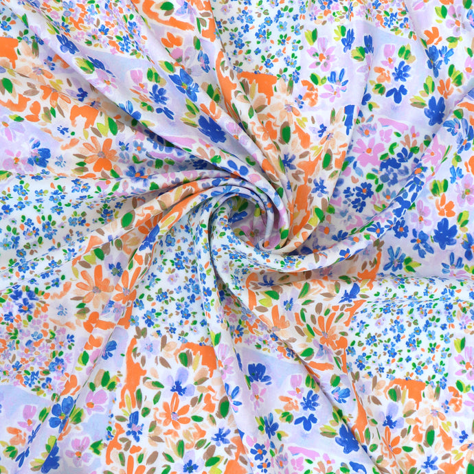 Viscose Lawn - Patchwork Meadow - Orange + Blue - SALE