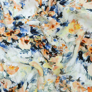 Viscose Linen - Watercolour Floral - Blue + Orange - SALE