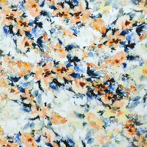 Viscose Linen - Watercolour Floral - Blue + Orange - SALE