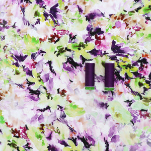 Viscose Linen - Watercolour Floral - Green + Purple - SALE