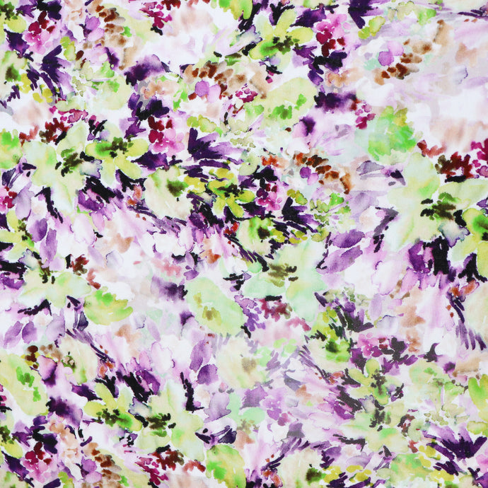 Viscose Linen - Watercolour Floral - Green + Purple - SALE