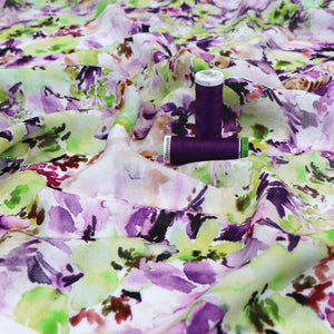 Viscose Linen - Watercolour Floral - Green + Purple - SALE