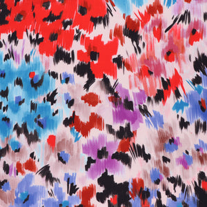 Viscose Satin - Abstract Flower Meadow - Blue + Red