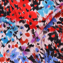 Viscose Satin - Abstract Flower Meadow - Blue + Red