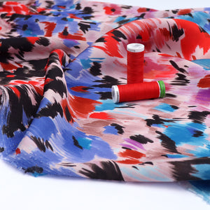 Viscose Satin - Abstract Flower Meadow - Blue + Red