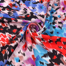 Viscose Satin - Abstract Flower Meadow - Blue + Red