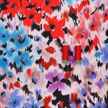 Viscose Satin - Abstract Flower Meadow - Blue + Red