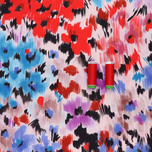 Viscose Satin - Abstract Flower Meadow - Blue + Red - SALE