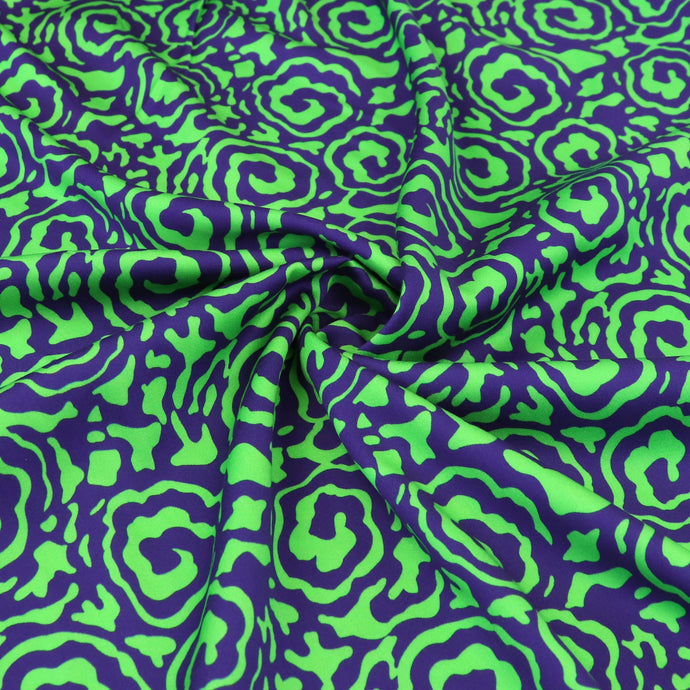 Viscose Satin - Flower Swirls - Green + Purple - SECONDS