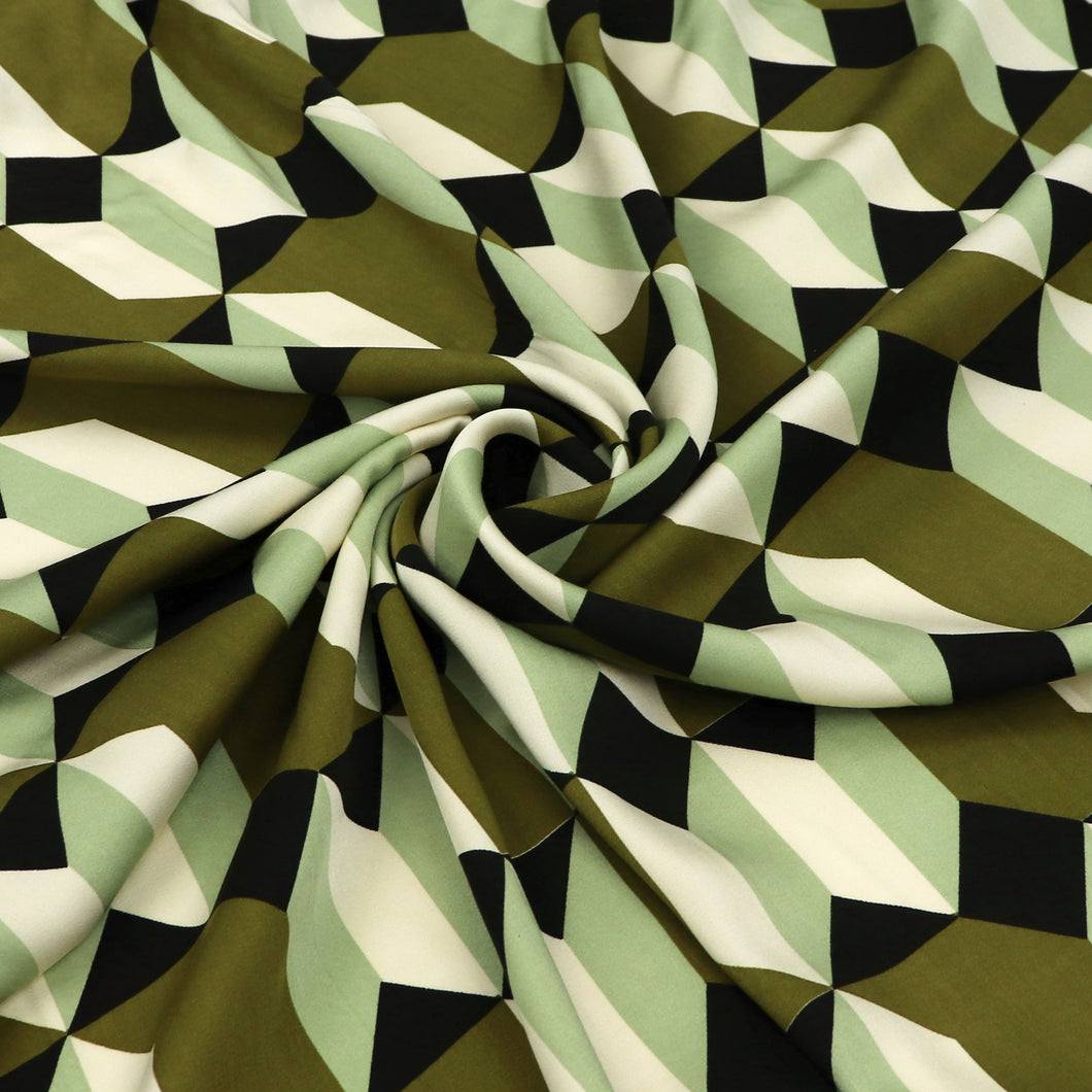 Viscose Satin - Geometric Shapes - Green - END OF BOLT 105cm