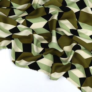 Viscose Satin - Geometric Shapes - Green - END OF BOLT 105cm