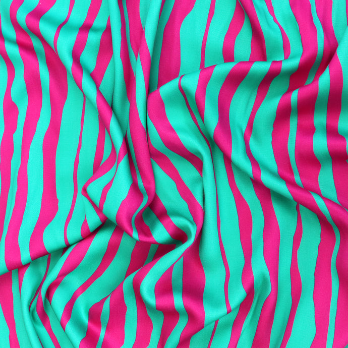 Viscose Satin - Irregular Stripe - Pink + Turquoise - SECONDS