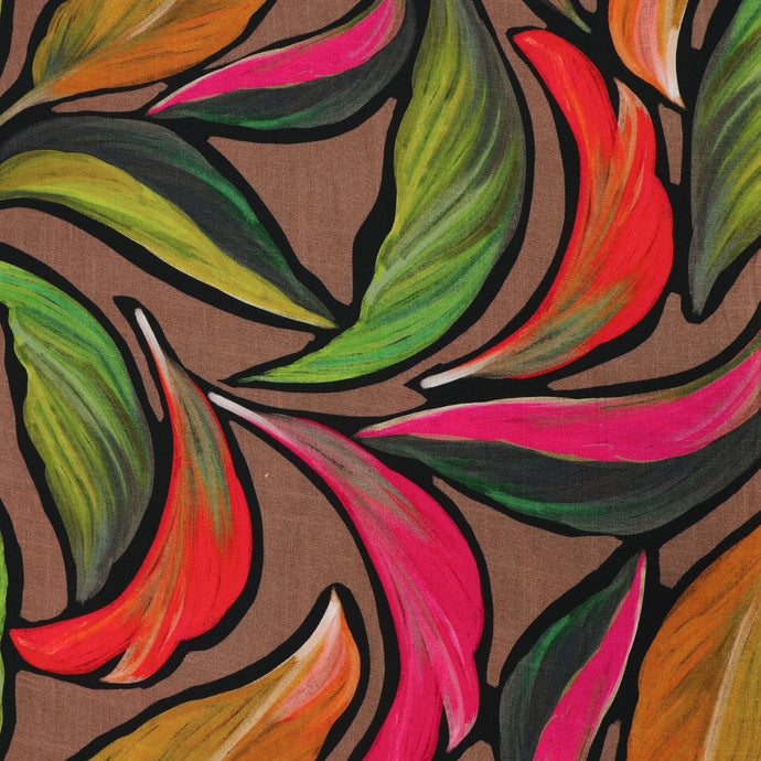 Viscose Twill - Painted Leaves - Slight Flaw - Warm Brown