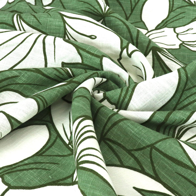 Washed Linen Cotton - Floral Outline - Green