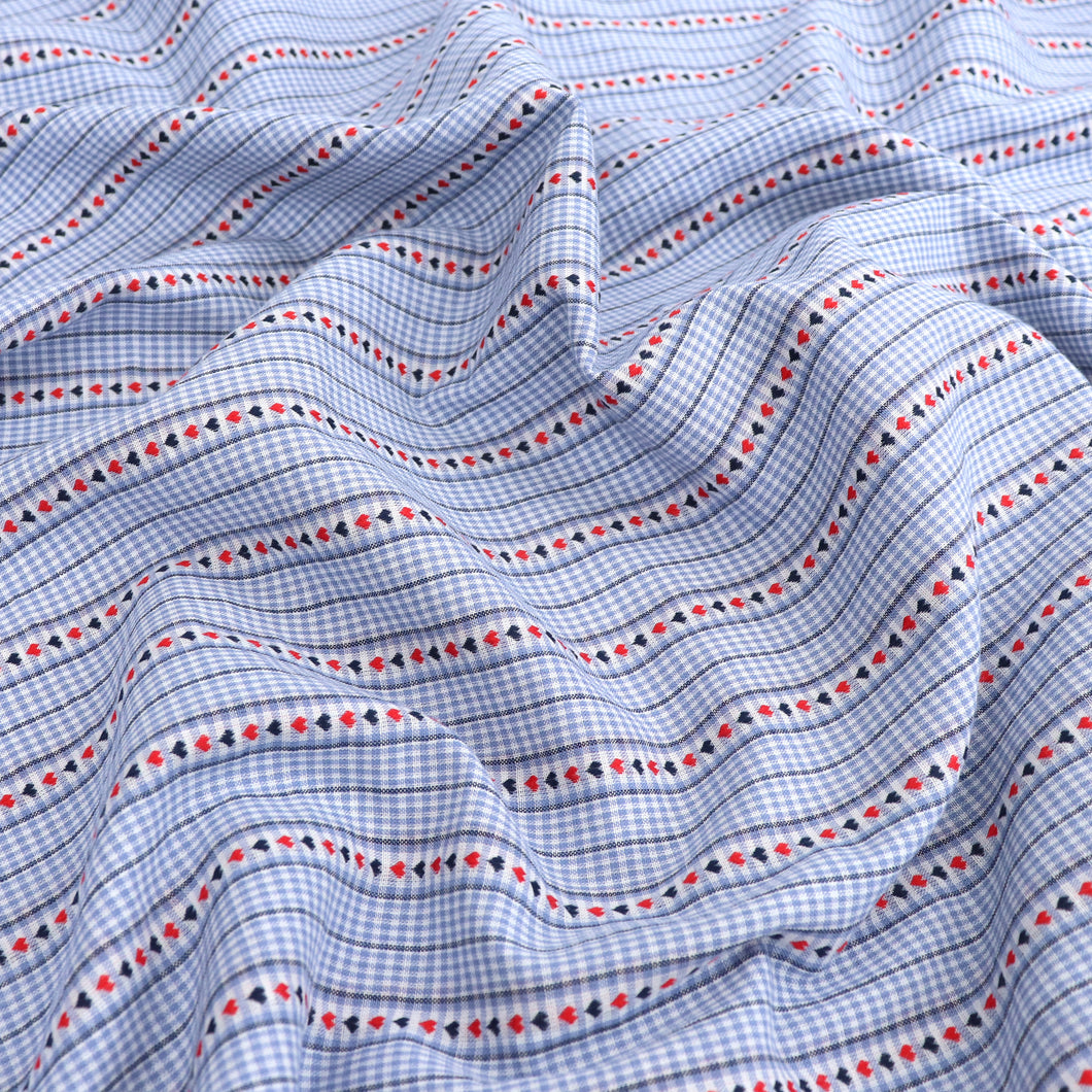 Yarn Dyed Cotton - Light Blue Gingham With Heart Ribbons - END OF BOLT 68cm