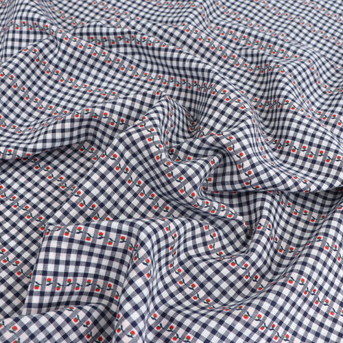 Yarn Dyed Cotton - Navy Gingham With Red Flower Ribbon
