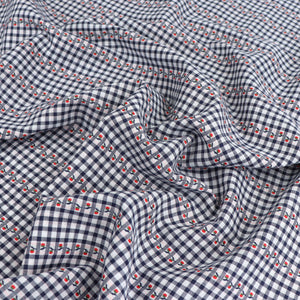 Yarn Dyed Cotton - Navy Gingham With Red Flower Ribbon