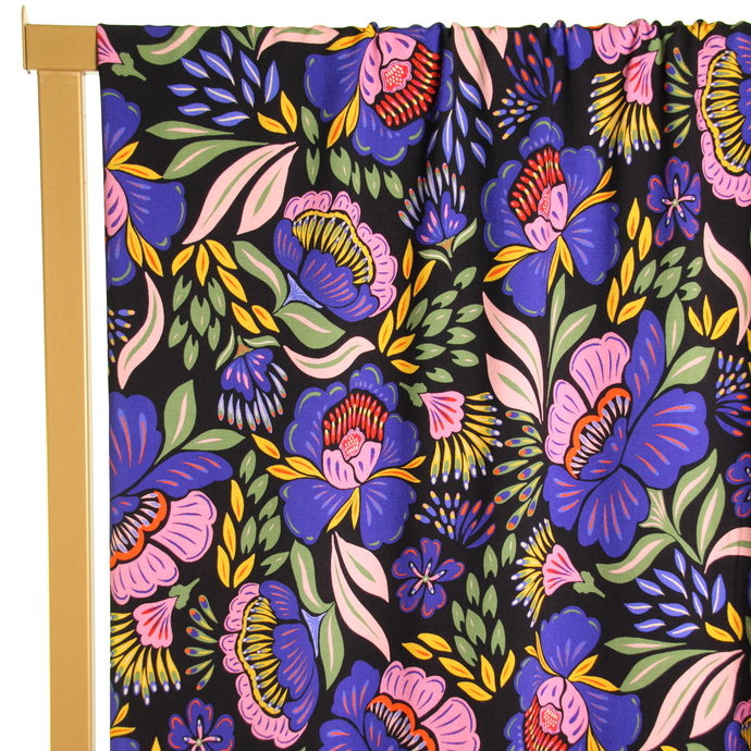 Viscose Lawn - Atelier Jupe - Black With Bright Purple Flowers