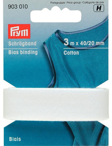 Cotton Bias Binding 20mm - 3 metres - White - Prym