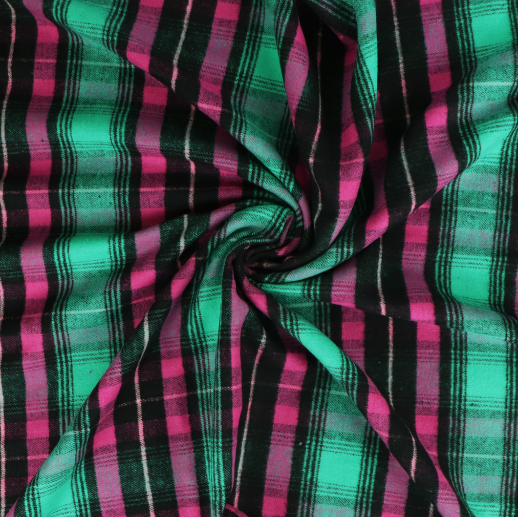 Yarn Dyed Brushed Cotton - Green + Pink Check