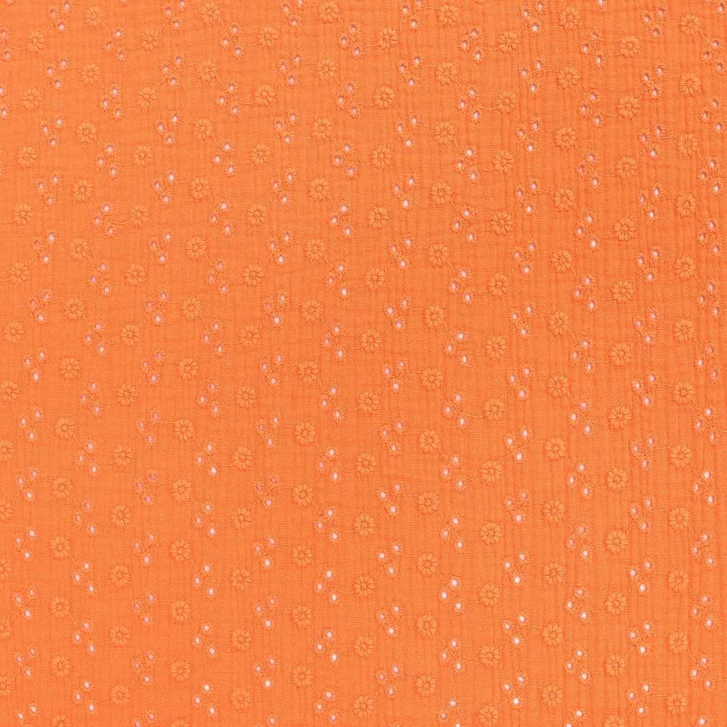 Cotton Double Gauze - Embroidered Flowers - Orange - SALE