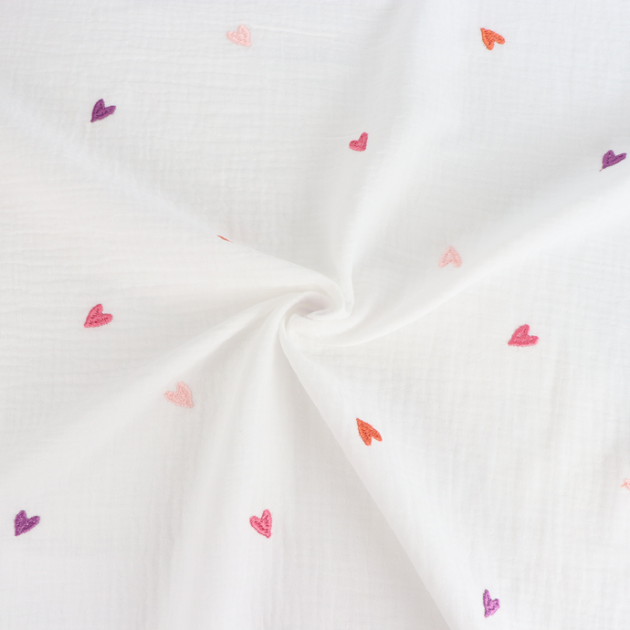 Cotton Double Gauze - Embroidered Hearts