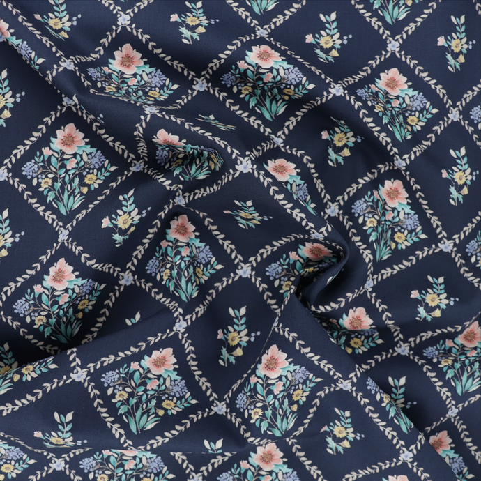 Cotton Poplin - Vintage Floral Trellis - Navy