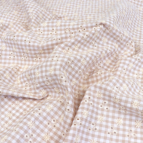 Cotton Seersucker - Gingham With Embroidered Flowers - Buff