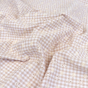Cotton Seersucker - Gingham With Embroidered Flowers - Buff