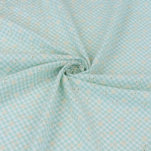Cotton Seersucker - Gingham With Embroidered Flowers - Mint
