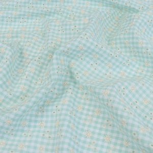 Cotton Seersucker - Gingham With Embroidered Flowers - Mint