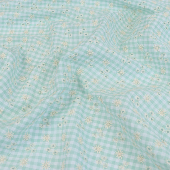 Cotton Seersucker - Gingham With Embroidered Flowers - Mint